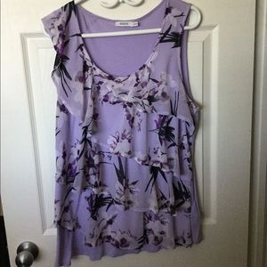 Purple print ruffle front top